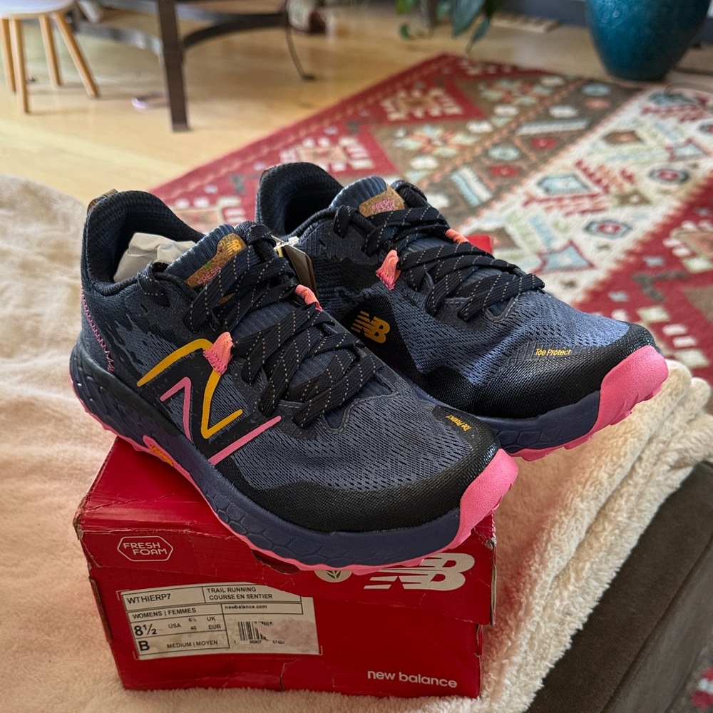 New Balance Kids Navy and Pink Sneakers with Yellow Accents